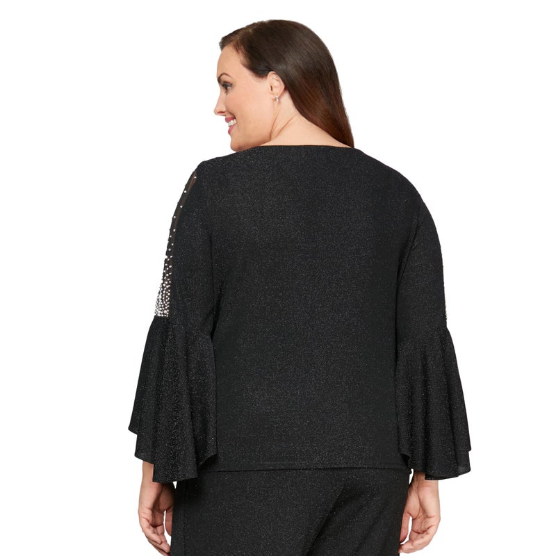 Alex Evenings Women's Plus Size Metallic Knit 3/4 Sleeve Blouse, Pair with Our Pants or Skirts for Any Formal Event, Black Bell Sleeve, 1X - Image 2
